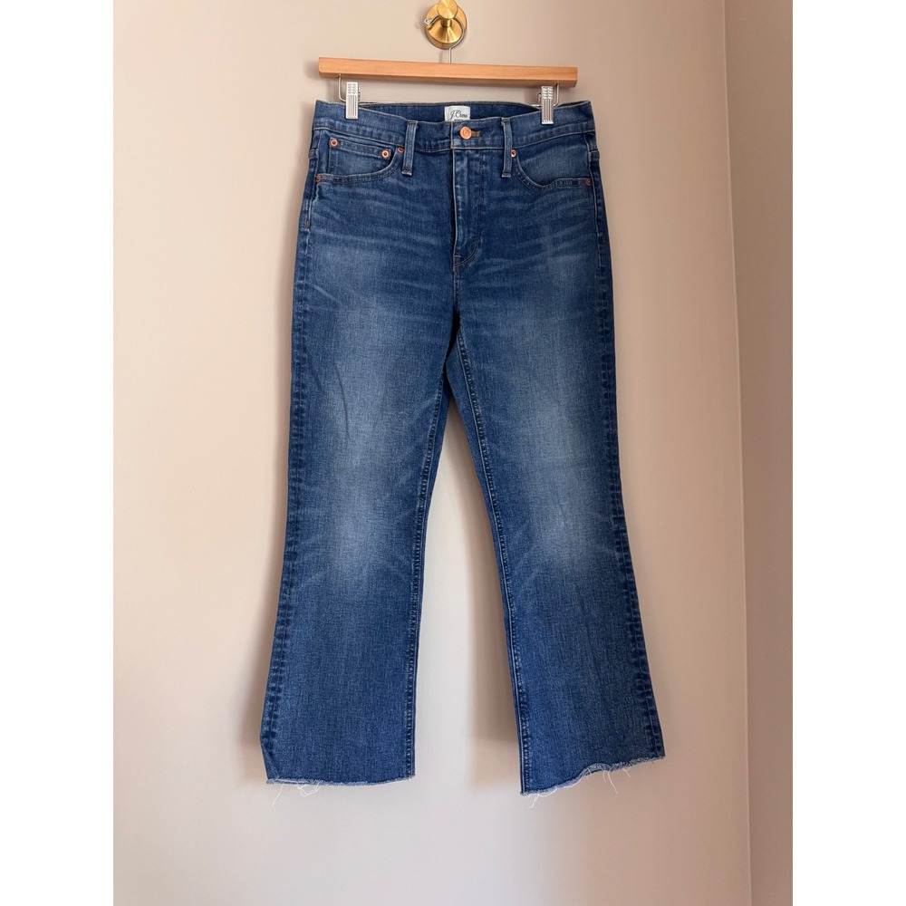 J.Crew Billie Demi Boot Crop Jeans Blue Medium Wash Raw Hem Size 29 9 Inch Rise